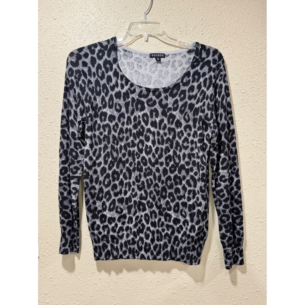 George Womens Grey Black Leopard Print Knit Sweater Scoop Neck Long Sleeve L